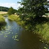 Bäck ringlar sig igenom ett öppet landskap. Foto.