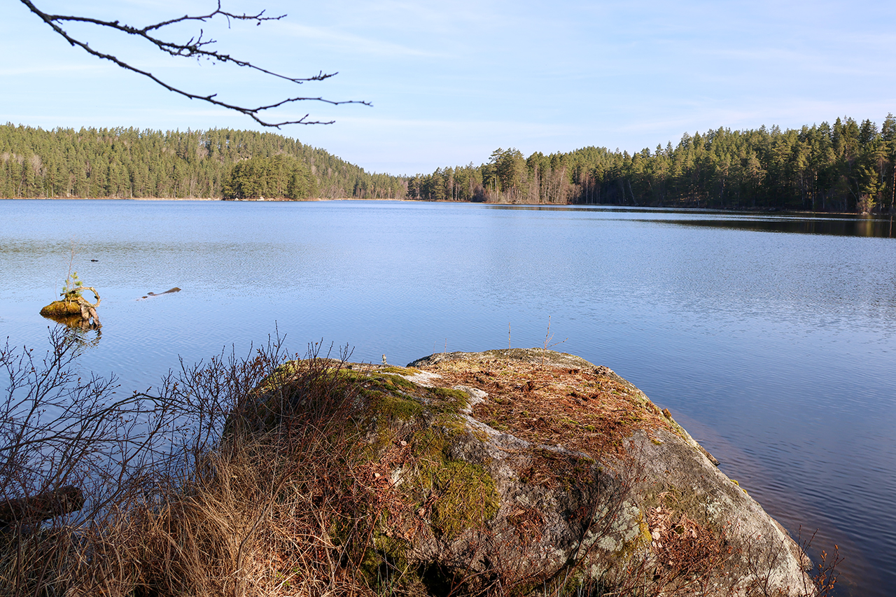 Stor sten vid kanten av en sjö. Foto.
