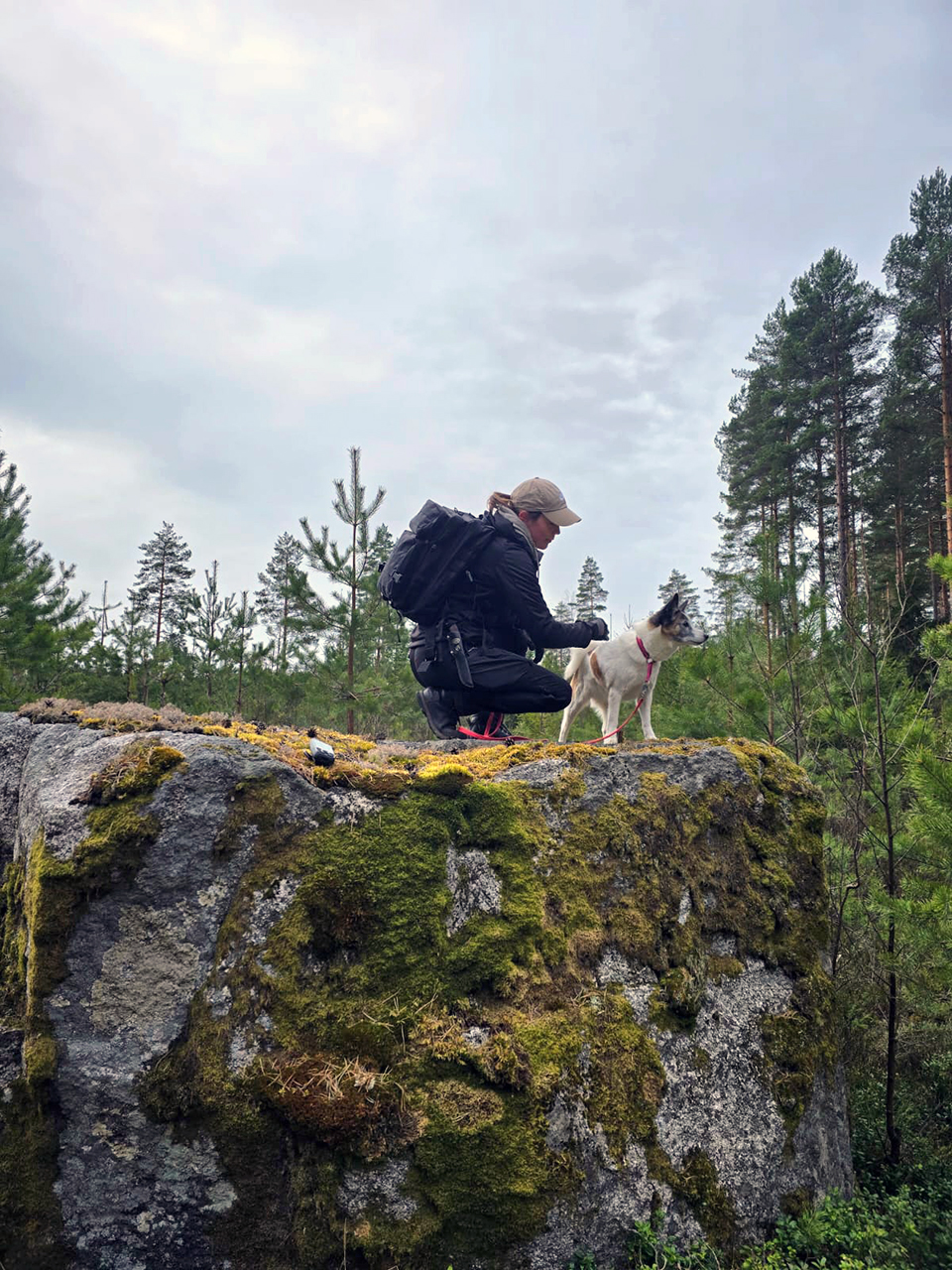 Hund och människa ovanpå en stor sten. Foto