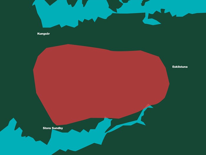 Markering på del av Sverigekarta över lodjuret Kerstins hemområde. Illustration.