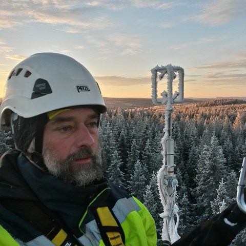 Forskaren Achim Grelle uppe i en mast. Utsikt över vintrig skog.