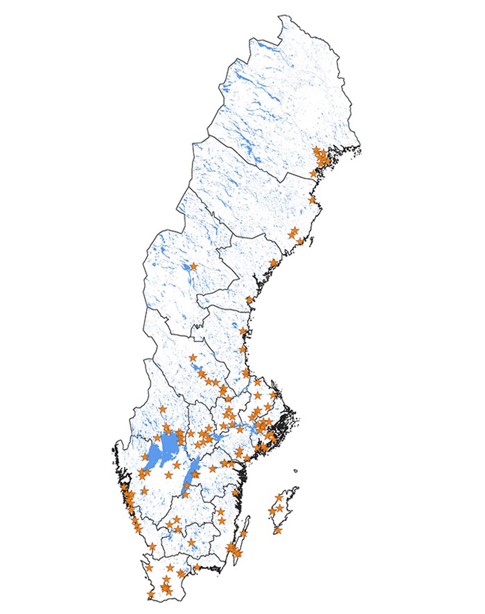Karta med 123 platser utmärkta i Sverige.