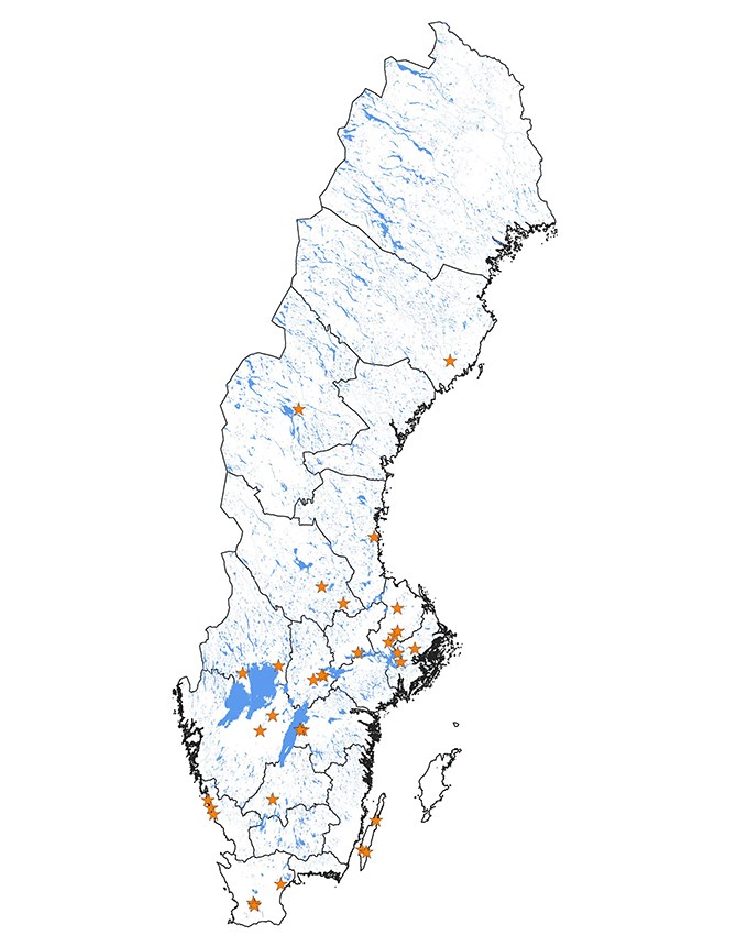 Karta med 35 platser utmärkta