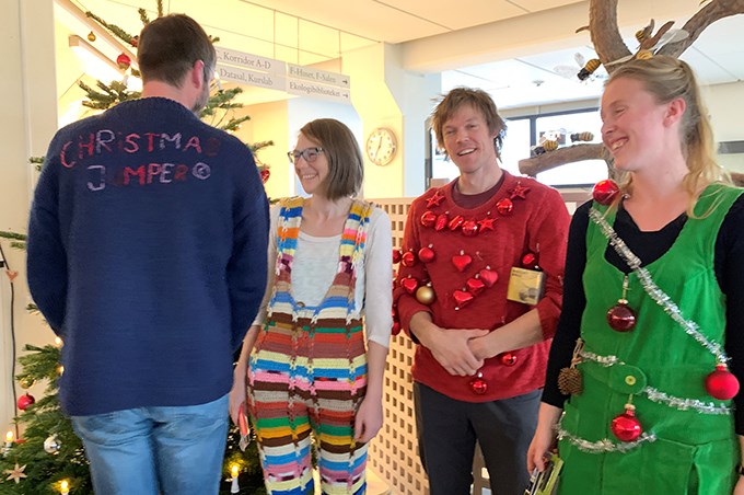 Four people in christmas jumpers.