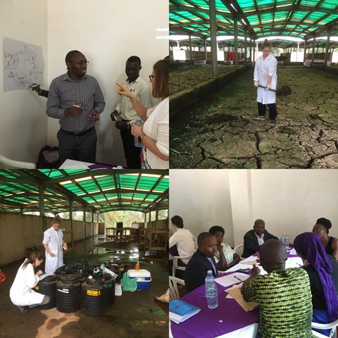 Pictures 1 and 2 show some participants at SPAN's co-design workshop on game development. Pictures 3 and 4 show several students in white coats conducting experiments on how latrine sludge can be treated
