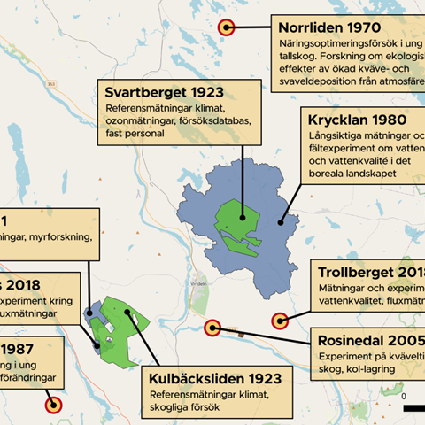 Map over different research infrastructures in Vindeln
