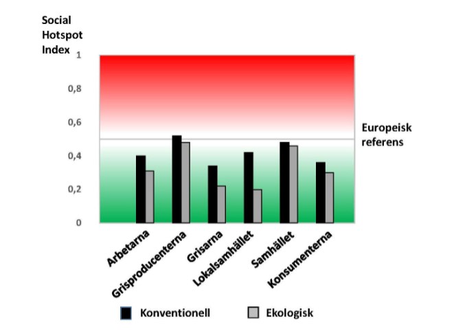 Diagram över social hotspot index för olika intressenter i produktionen av svensk griskött