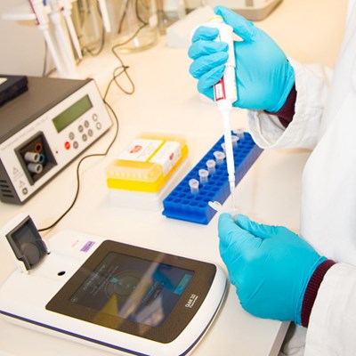 Close-up pipetting in a laboratory. Photo.