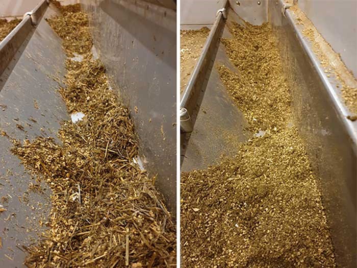 Hackat fullfoder till vänster och extruderat fullfoder till höger. Foto.