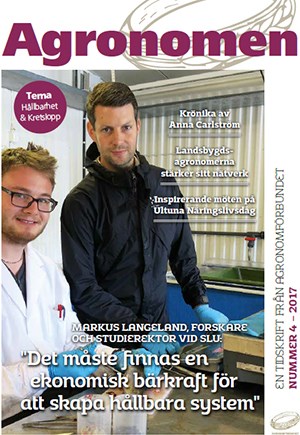 Bild på omslag till tidningen Agronomen med Markus och David på bild. Foto. 