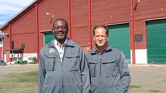 Professorerna Adegbola Adesogan från University of Florida och Giorgio Borreani från University of Turin utanför lagården på Lövsta lantbruk, SLU. Foto.