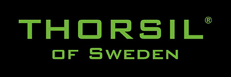 Logotype for Thorsil of Sweden, green text and black background. Picture.