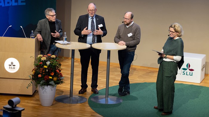 Tre män och en kvinna diskuterar på en scen