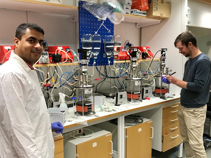 Abhi and Simon preparing enrichment cultures of syntrophic bacteria