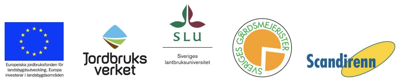 Logotypes for Europeiska jordbruksfonden (EU), Jordbruksverket, SLU, Sveriges Gårdsmejerier and Scandirenn