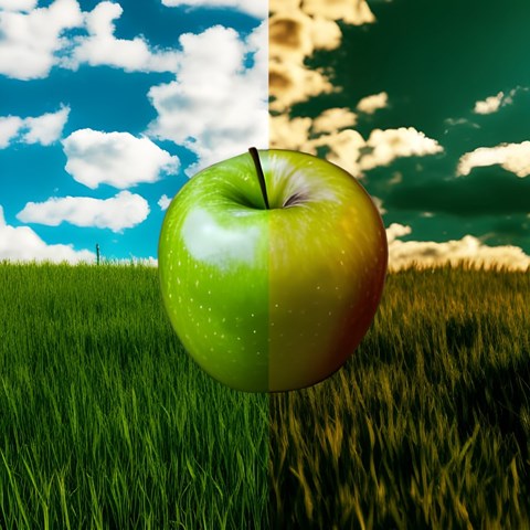 Ett äpple framför ett grönt fält. Bra på ena sidan, dåligt på andra.