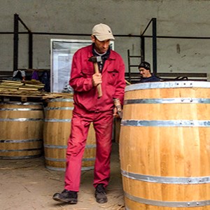 A man dressed in red is holding a hammer close to a large wine barrel, photo.