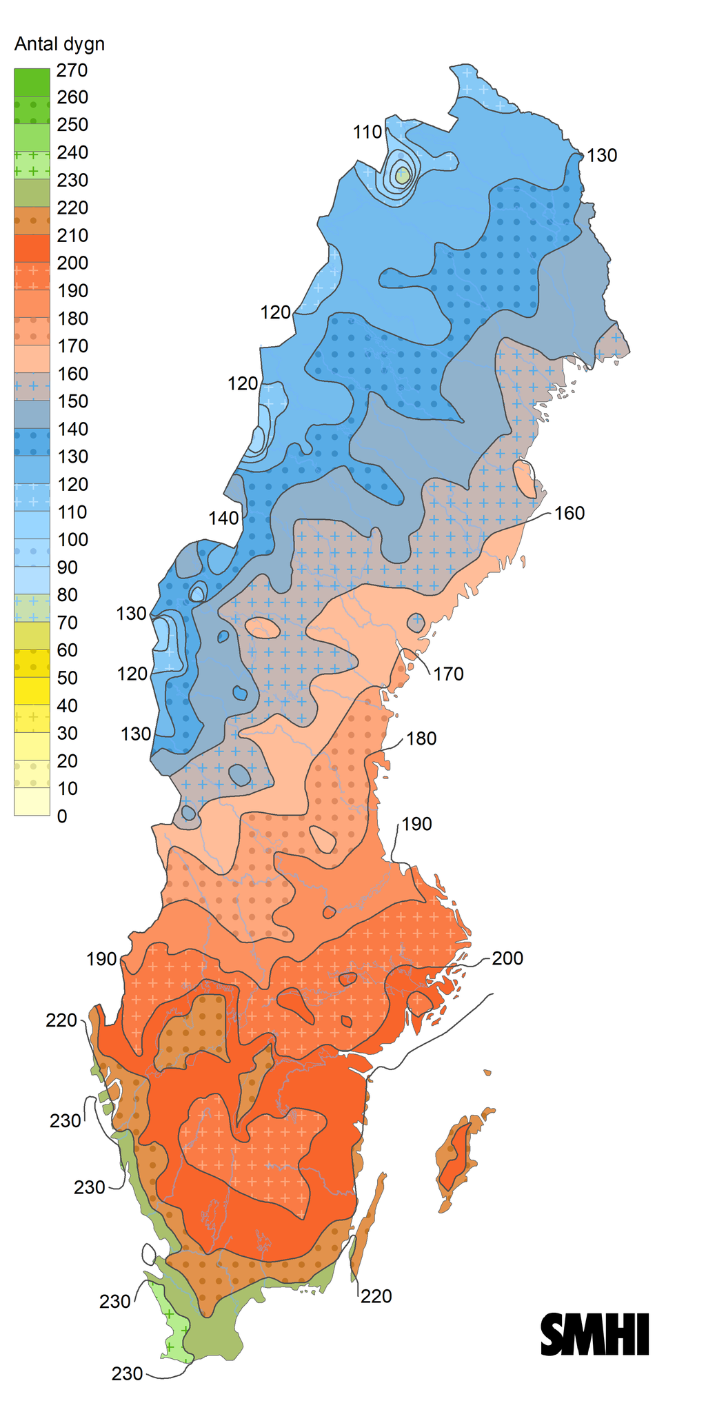 Karta över Sverige som visar vegetationsperiodens genomsnittliga längd 1991-2020.