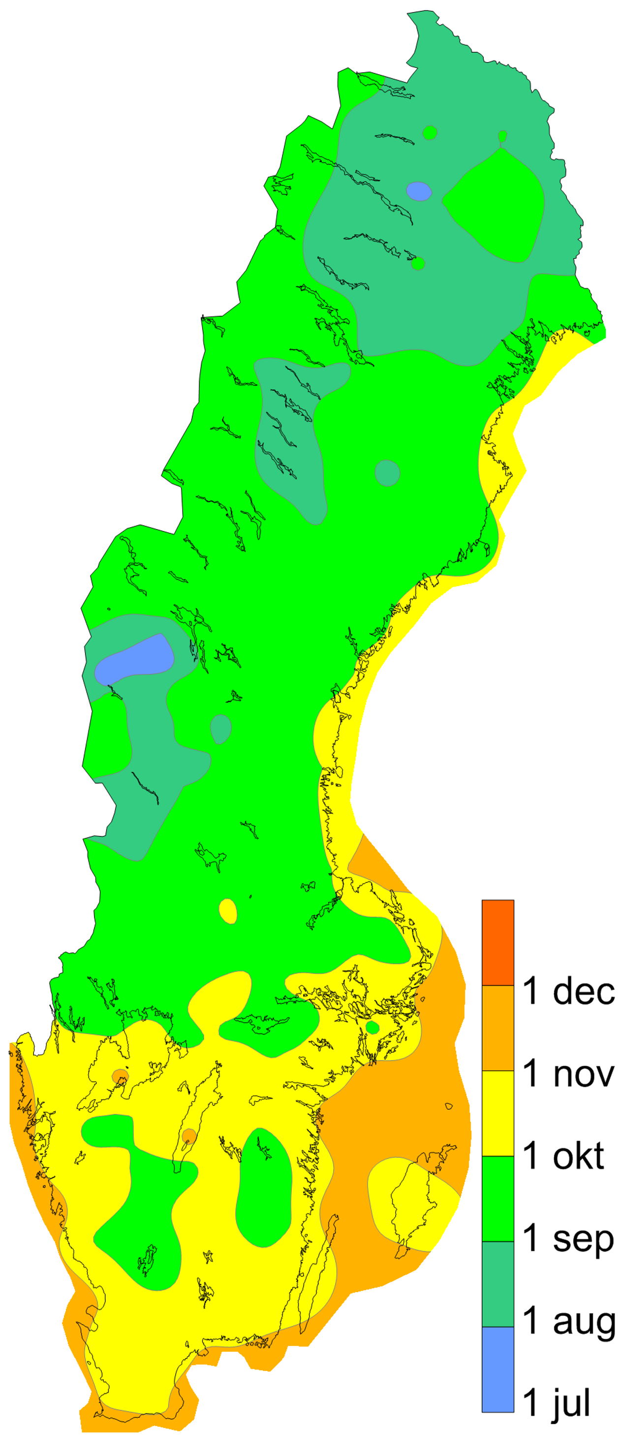 Karta över Sverige som visar årets första frost 1991-2017.