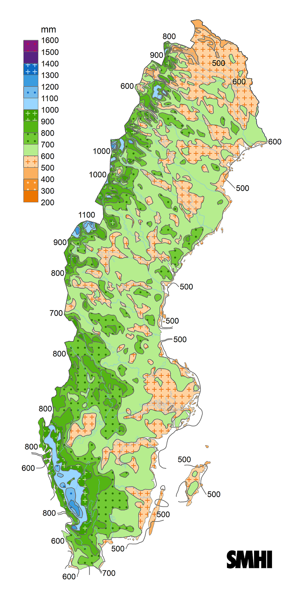 Karta över Sverige som visar årsnederbörden, medelvärde för åren 1991-2020.