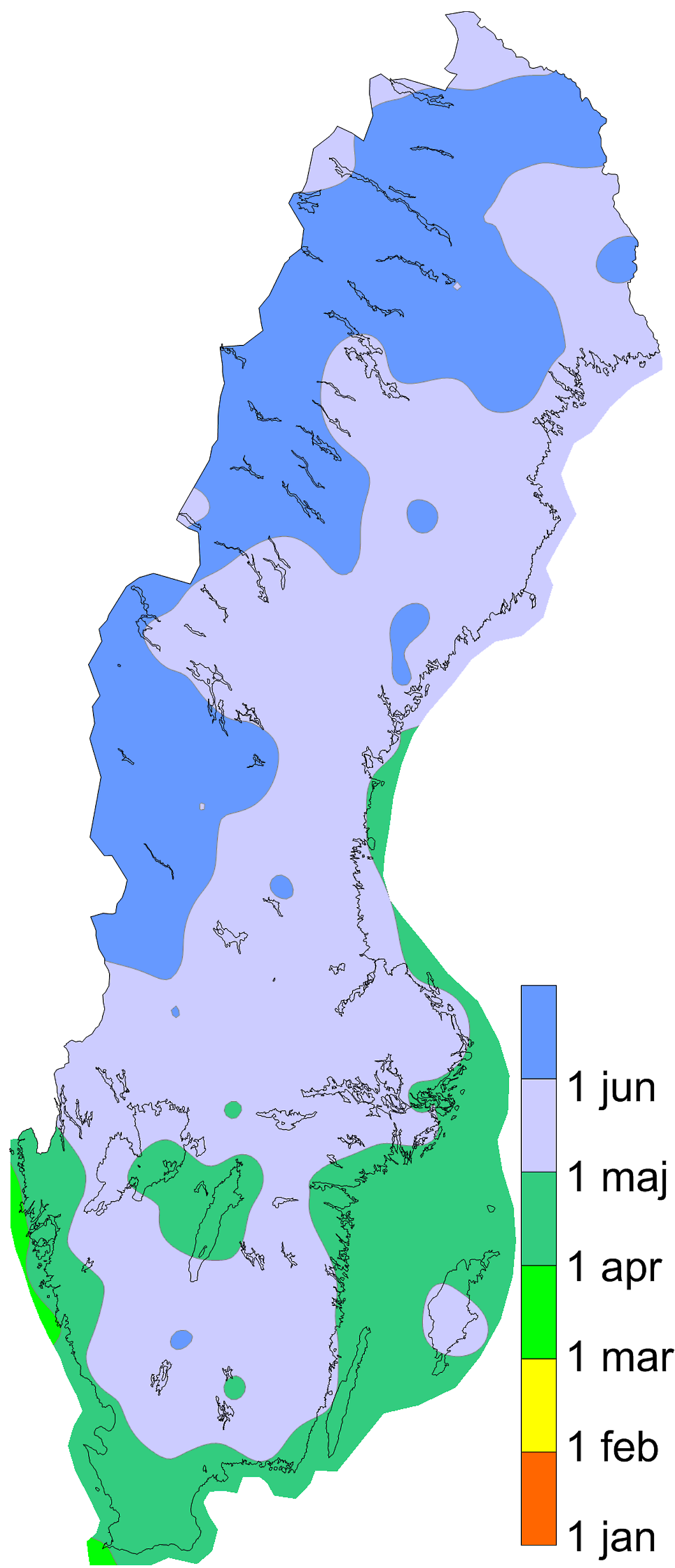 Karta över Sverige som visar vårens sista frost 1991-2017.