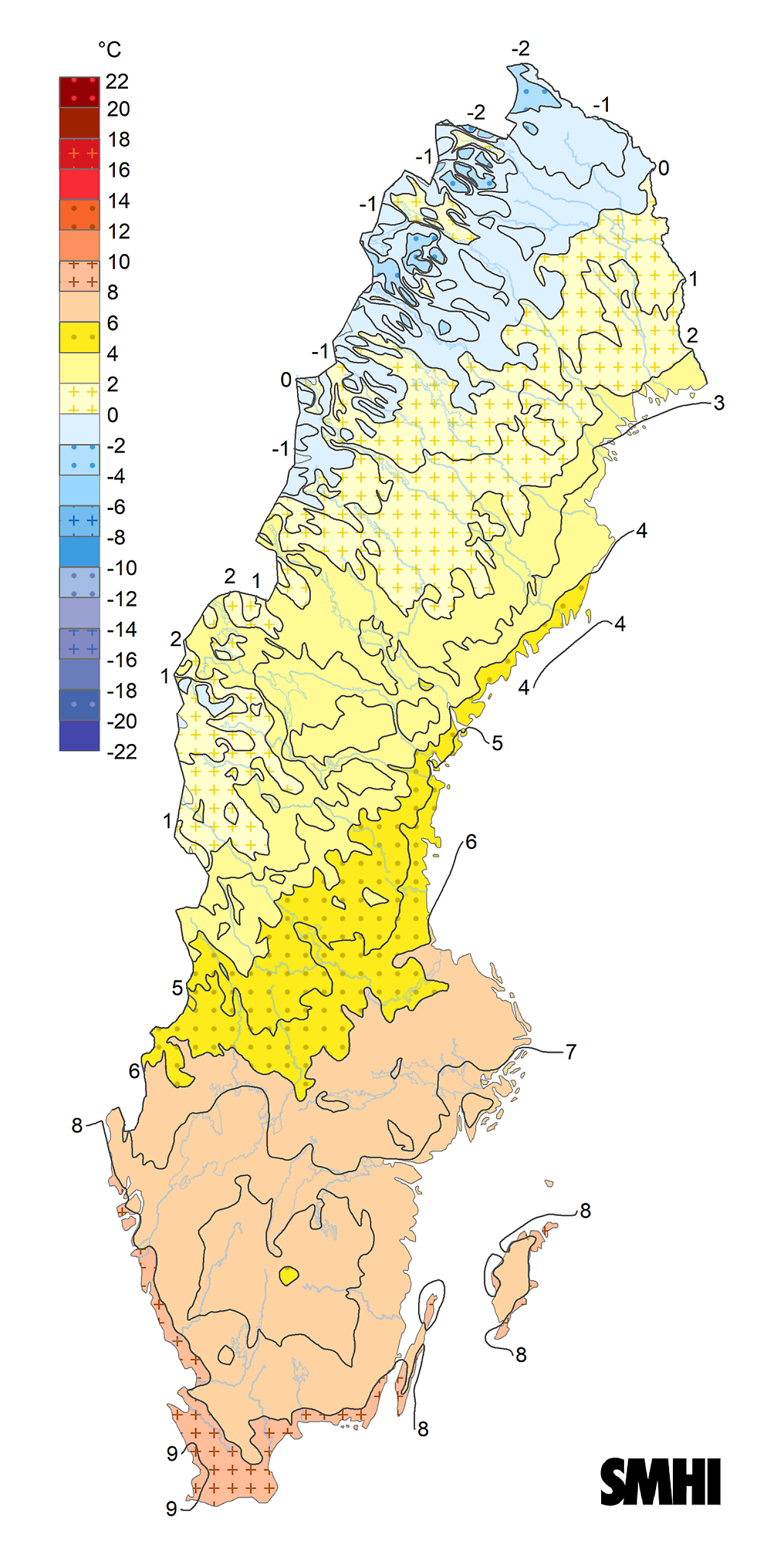 Karta över Sverige som visar årsmedeltemperatur 1991-2020.