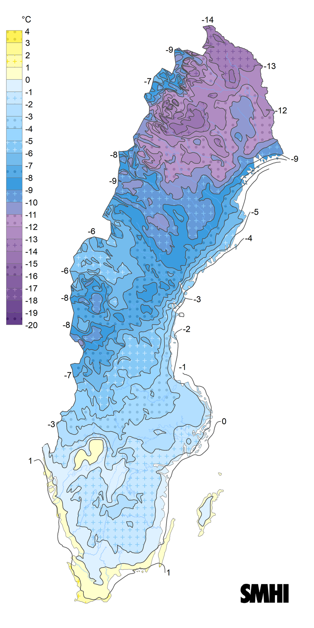 Karta över Sverige som visar medeltemperaturen i januari 1991-2020.