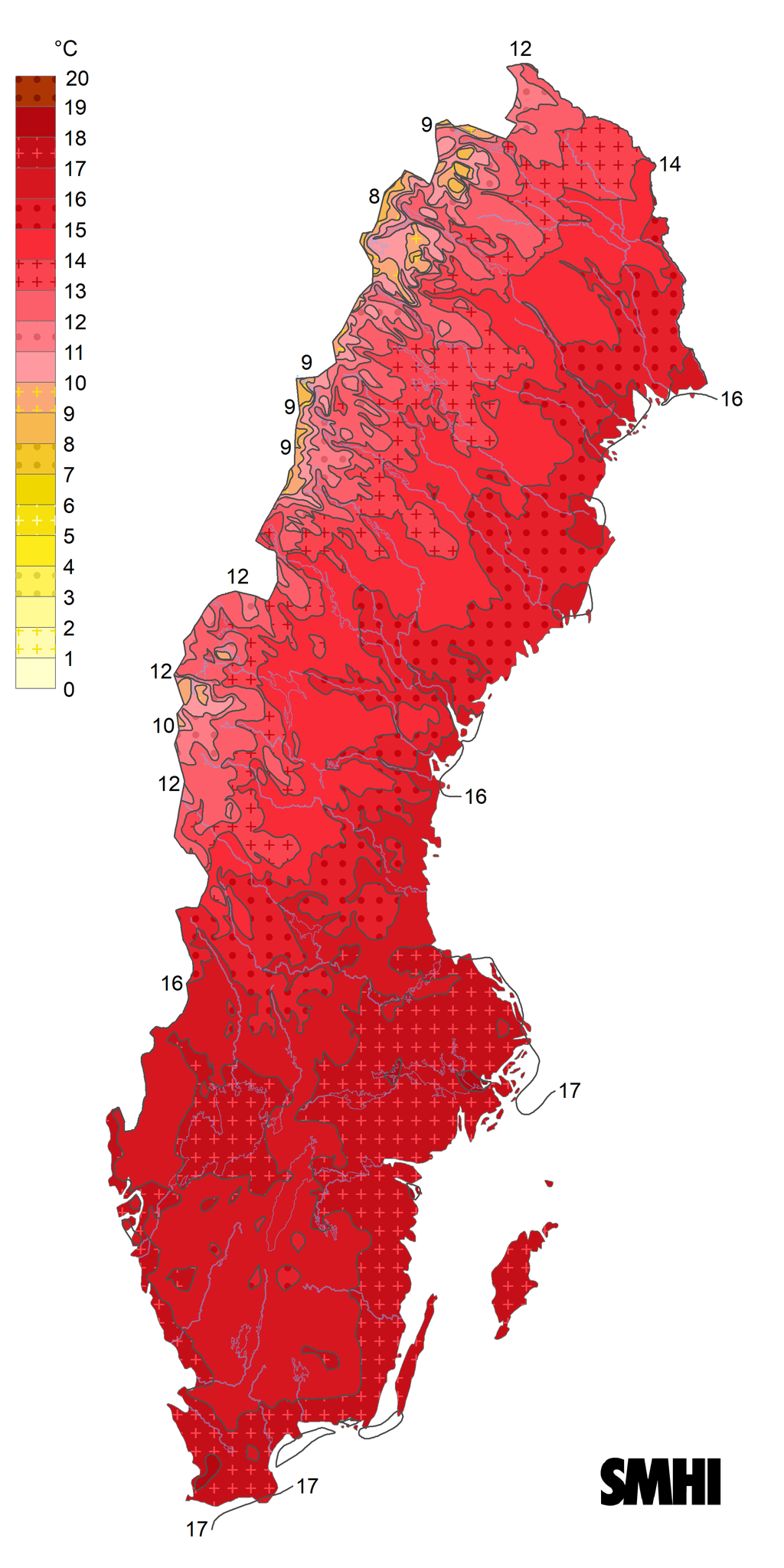 Karta över Sverige som visar medeltemperaturen i juli 1991-2020.