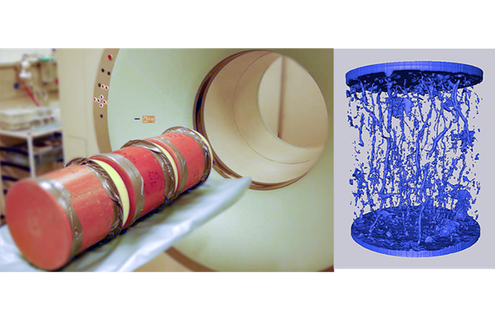 To the left a red cylinder and a machine. Photo. To the right: a computer generated image of soil structure. Illustration.