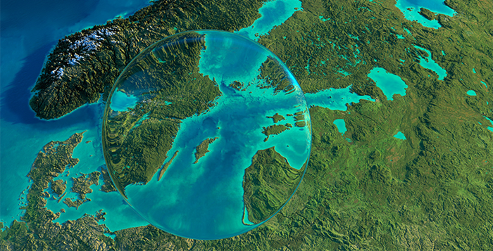 En karta över Östersjön med en vattendroppe över Östersjön. Illustration.