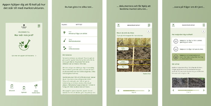 Fyra screenshots från appen "Hur mår min jord? ". Foto.