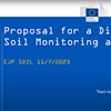 screen shot of a video clip. blue background and white text with the letters  "proposal for a directive on soil monitoring"