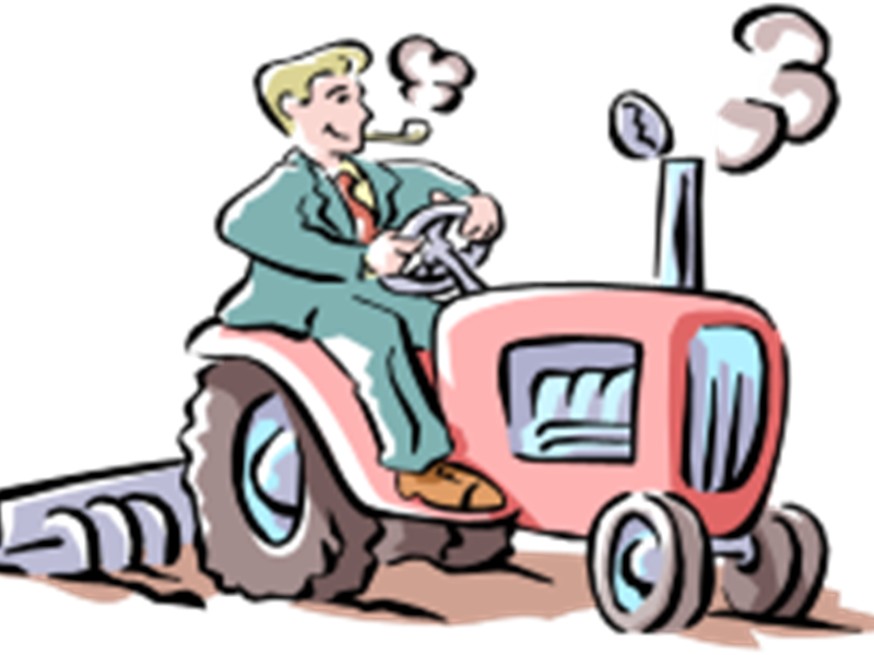 En man i kostym kör en traktor, illustration.