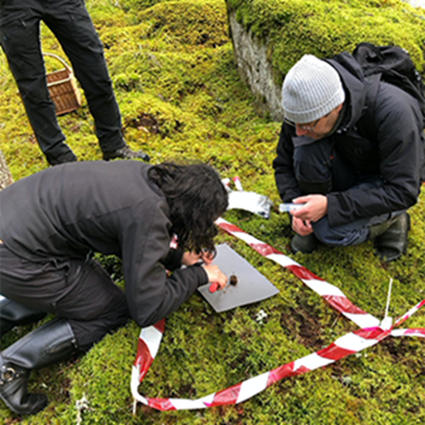 A man and a woman in a forest, taking soil samples, photo.