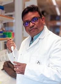 A man in white coat pipetting in the lab. Photo.