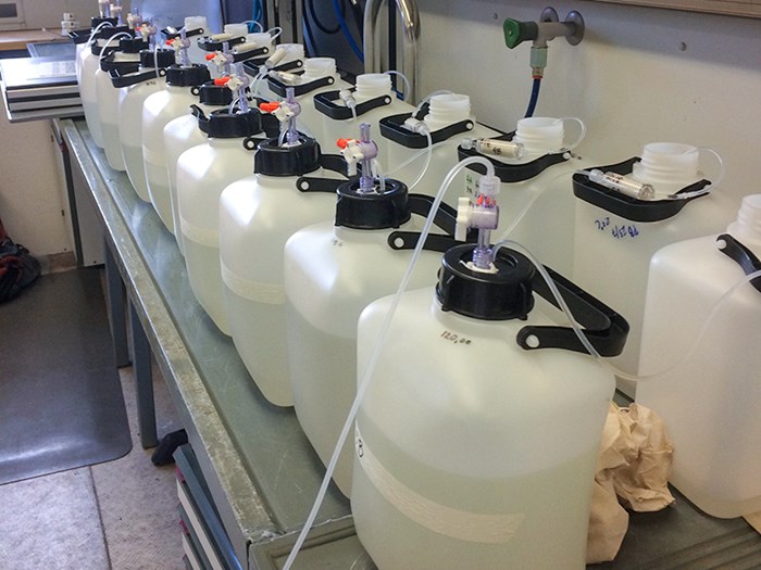 Long rows of water cans with taps on indoors. Photo.