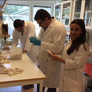 Tre personer i vita rockar står vid en labbänk och jobbar. Foto.