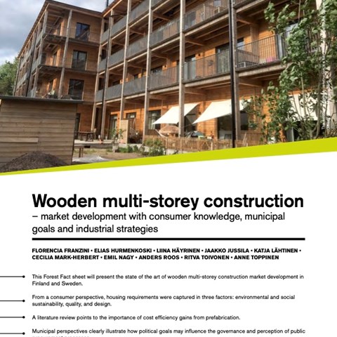 First page of the Forest Facts sheet depicting a wooden multistorey construction with a four level residential house, Gården in Uppsala