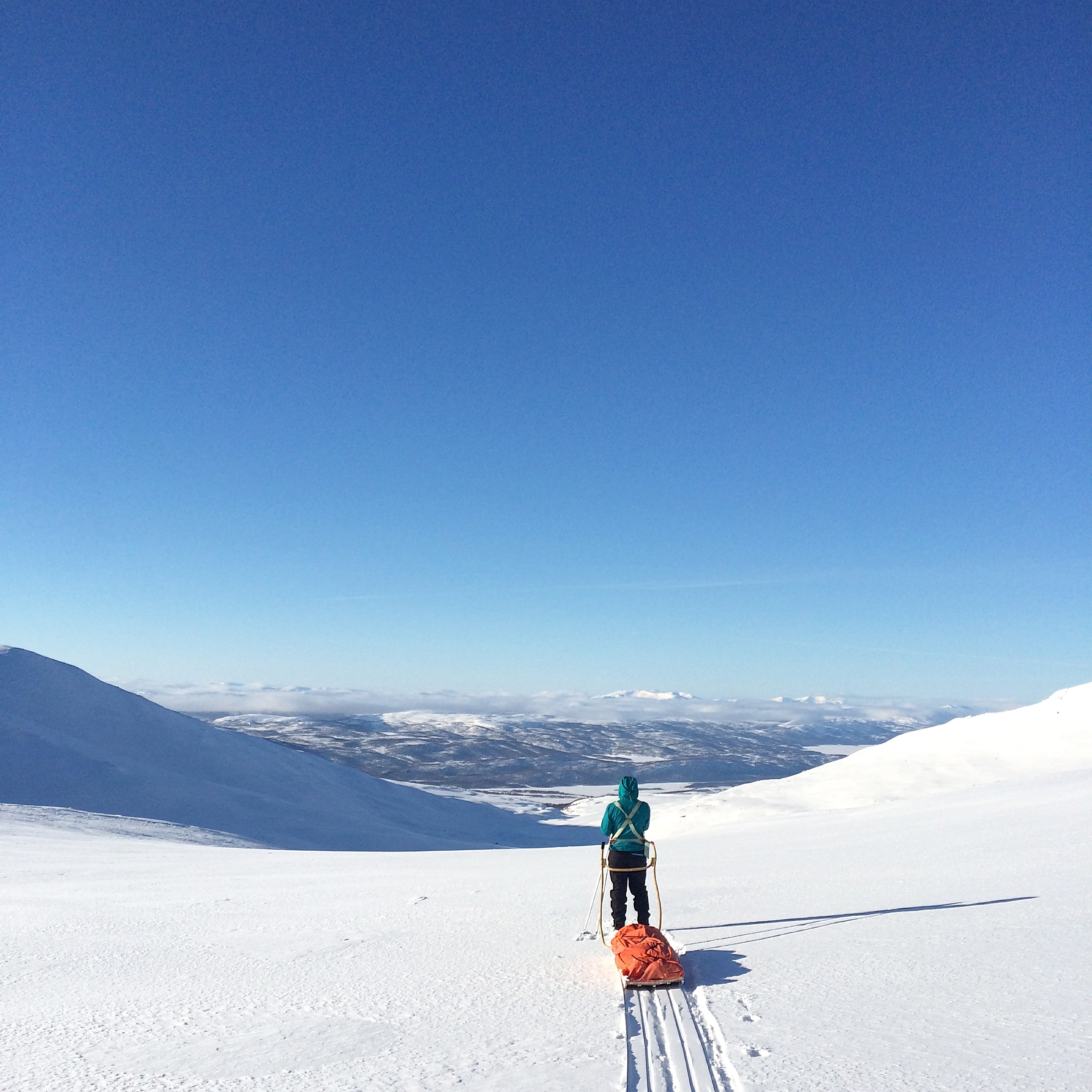 Cross country skier in a sunny mountain landscape