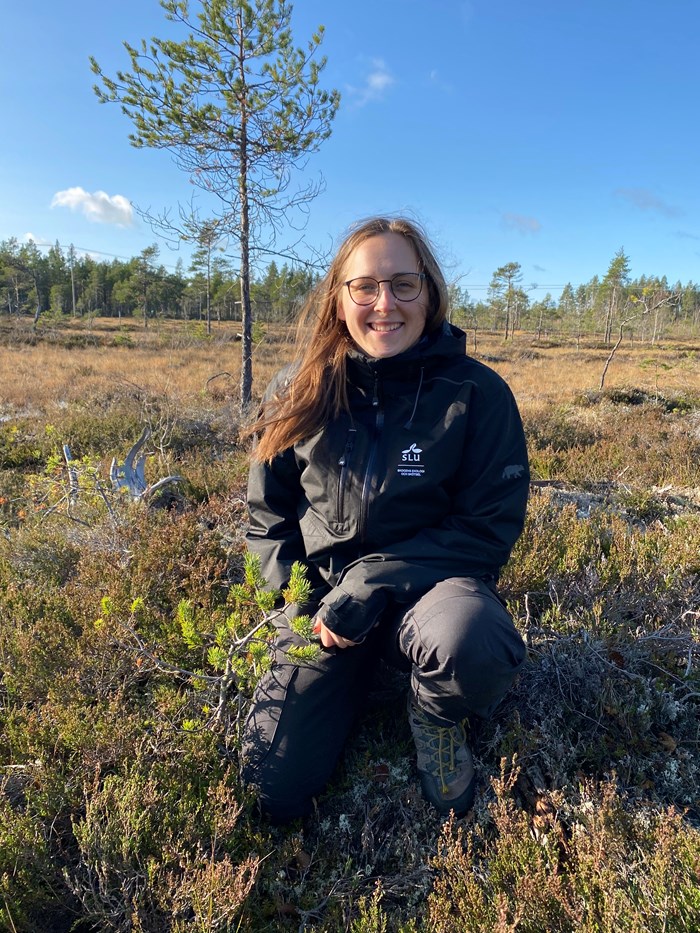 A female scientist standing in a mire, wearing glasses and a black jacket. A single tree is visible behind her.