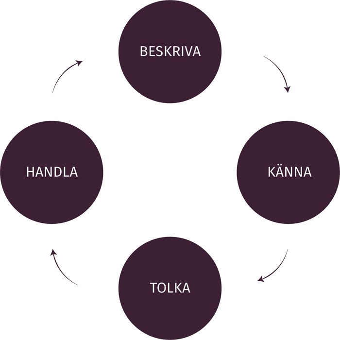 En illustration som visar att "Beskriva", "Känna", "Tolka" och "Handla" hänger ihop.