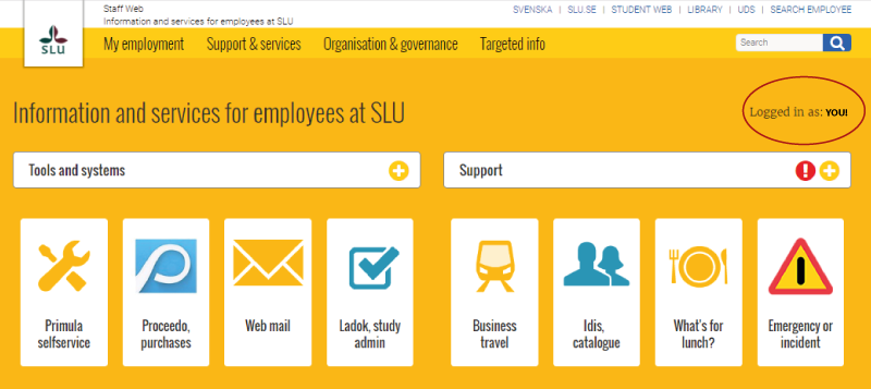 Screen shot of the SLU Staff website homepage with the login button highlighted. 