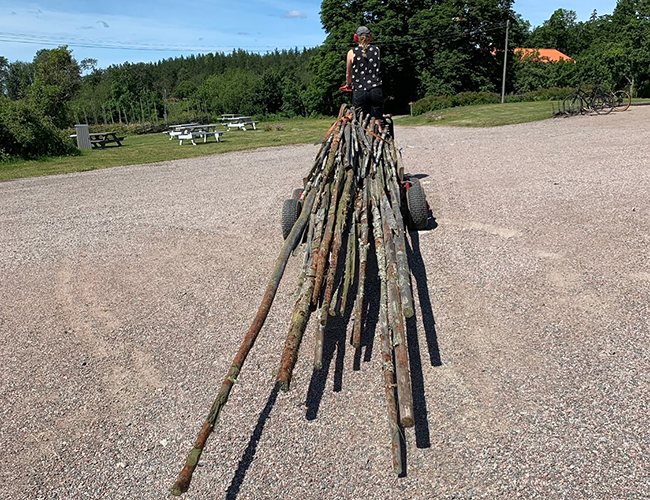 Transporting wood for the fences on the iron horse. Photo.