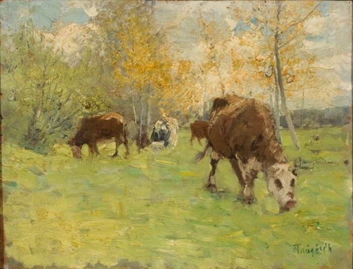 Kor i landskap, konstnären är Carl Trädgårdh och målningen gjordes på 1890-talet. Foto.