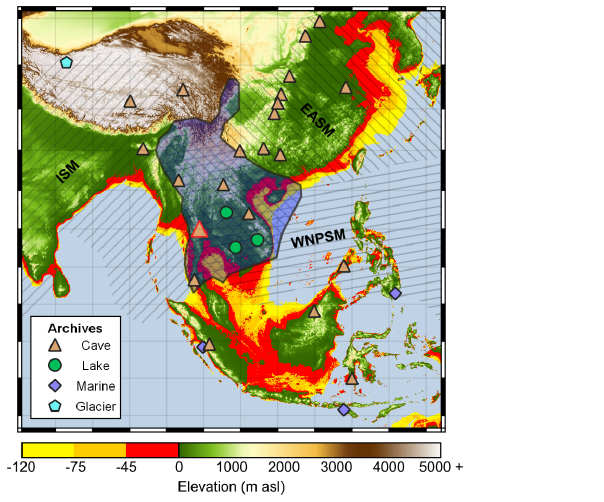 Map of palaeoclimate archives and summer monsoon sub-systems in Southeast Asia