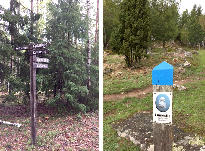 Two examples of info wooden poles that can be found along the paths in the culture reserve. Photo.