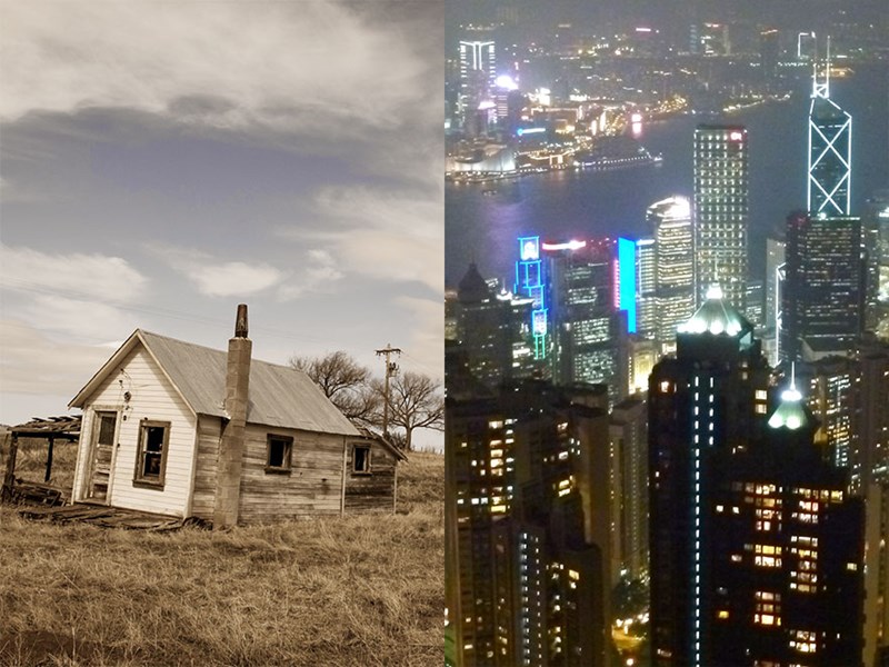Deserted house and big city. Photo collage. 