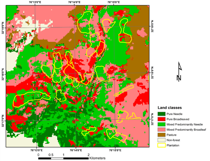 Land cover classification from satellite imagery shows plantation areas (yellow) and resulting effects on land cover, Kangra, Himachal Pradesh, India. Illustration.