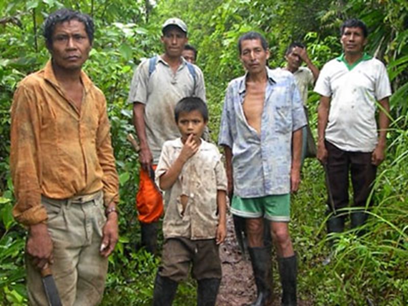 Six men and a young boy in a forest. Photo.