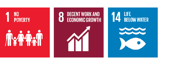 SDG1, SDG8, SDG14. Icons.